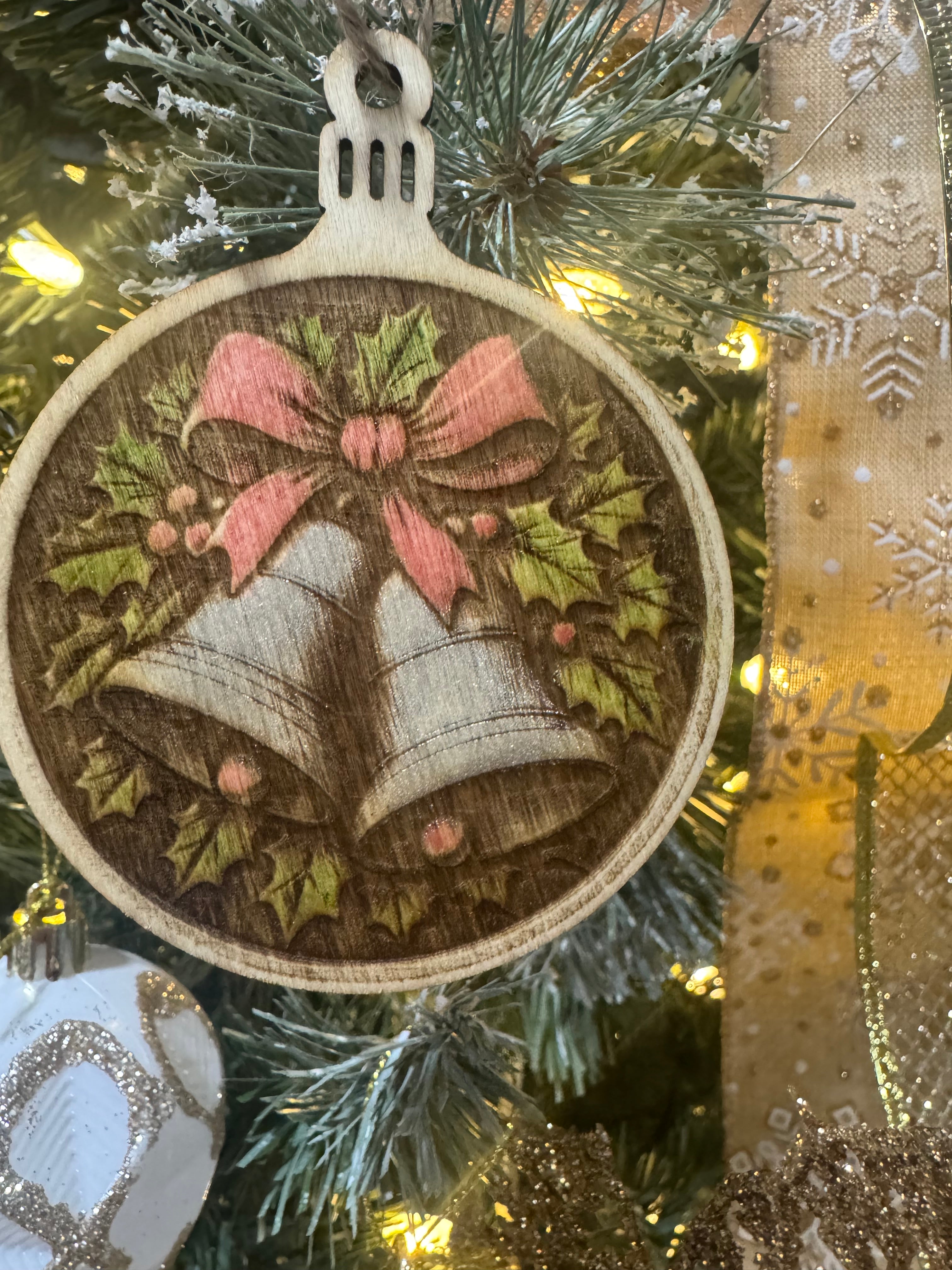 Set of 4 Hand-Tinted Laser Engraved Wooden Ornaments