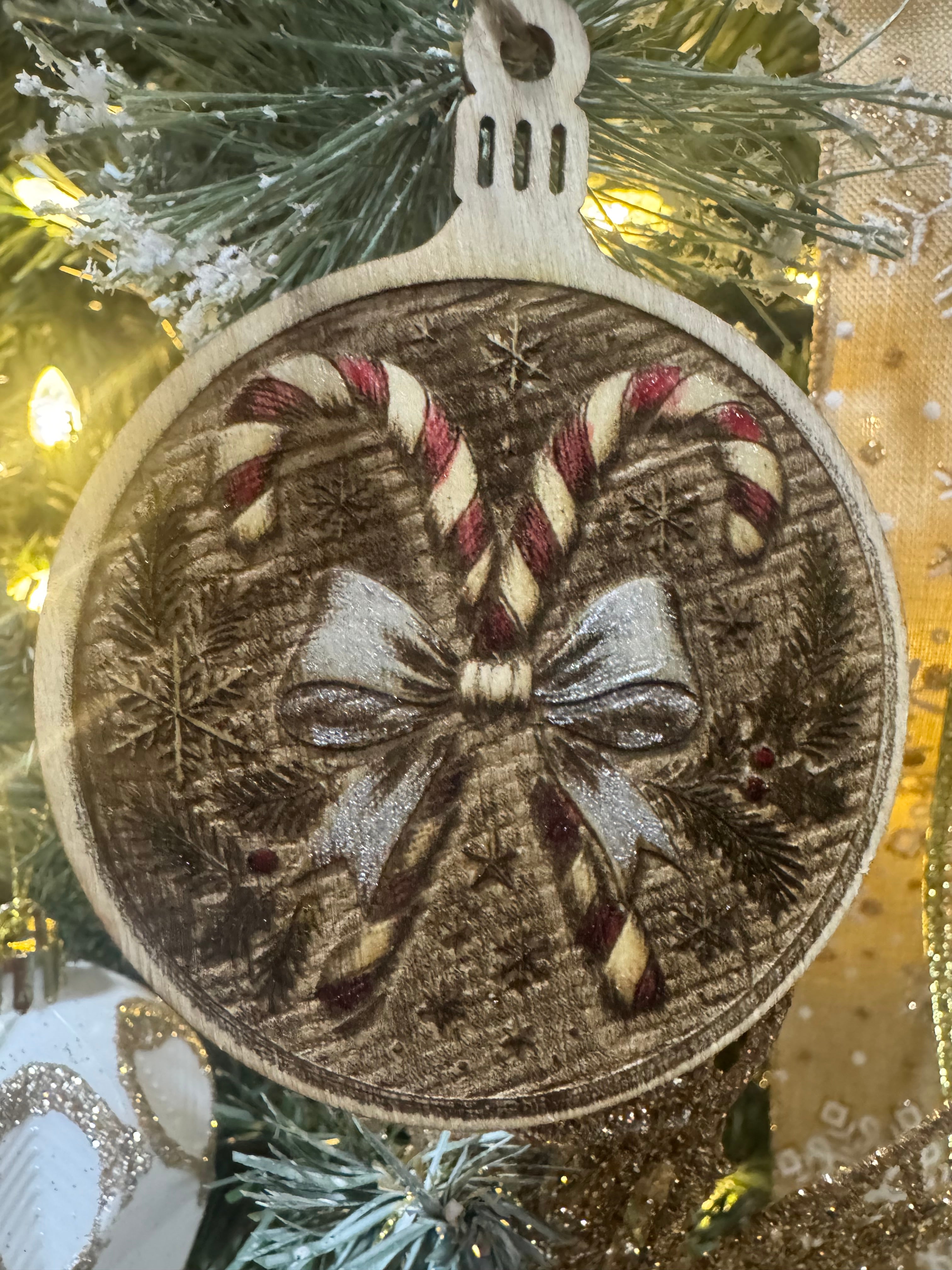 Set of 4 Hand-Tinted Laser Engraved Wooden Ornaments