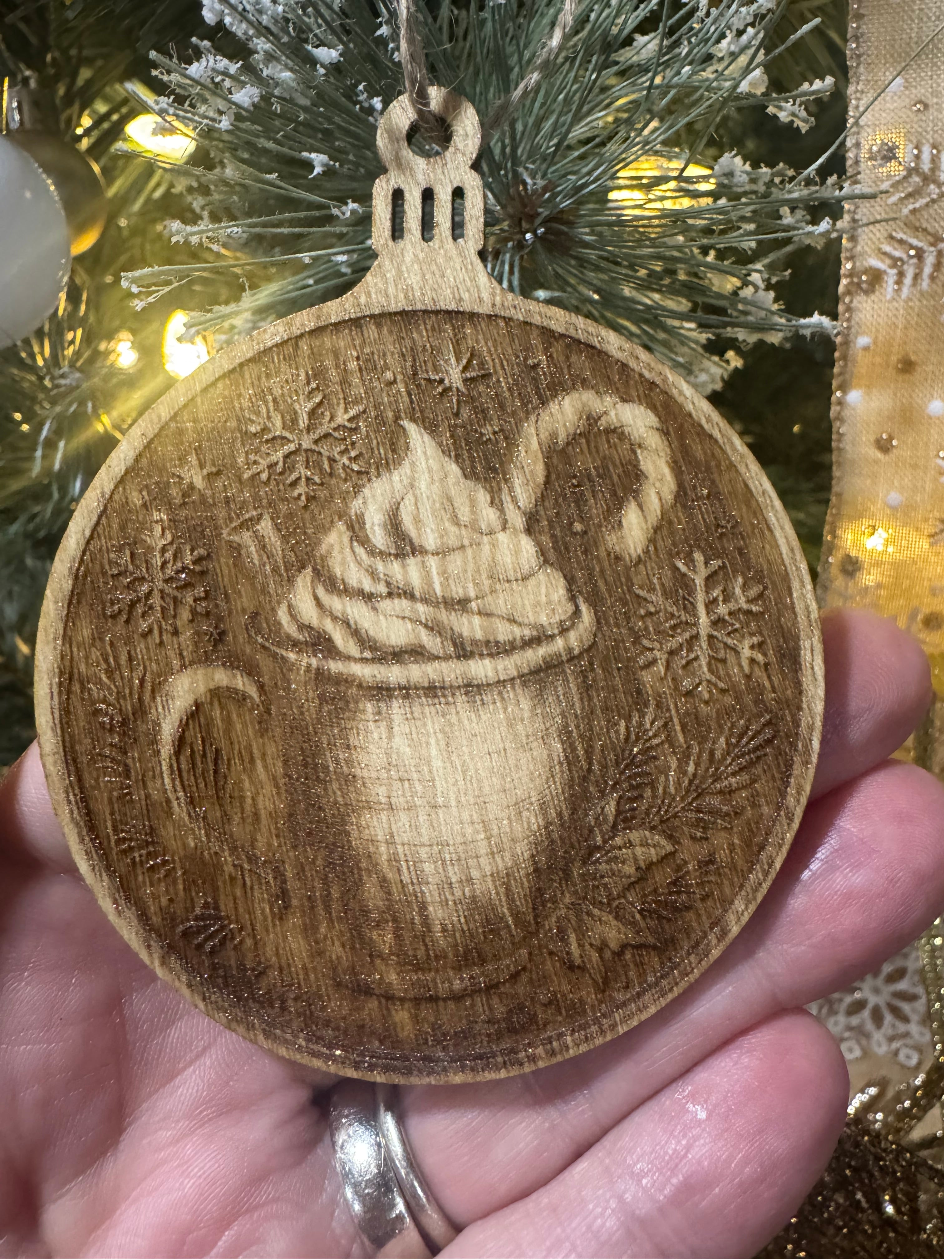 Set of 4 Hand-Tinted Laser Engraved Wooden Ornaments