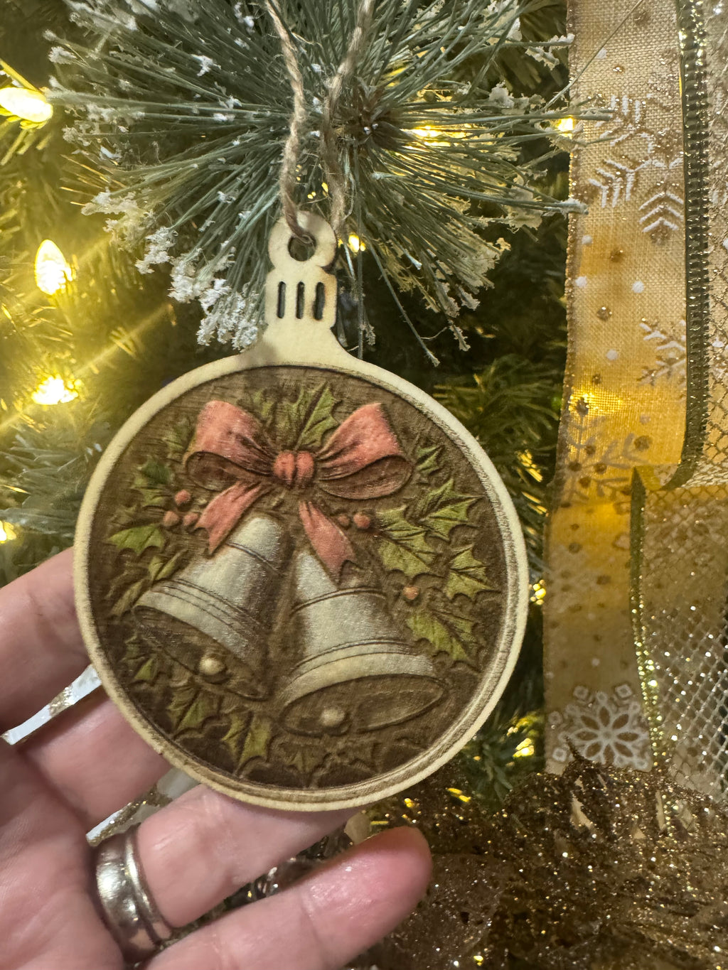 Set of 4 Hand-Tinted Laser Engraved Wooden Ornaments