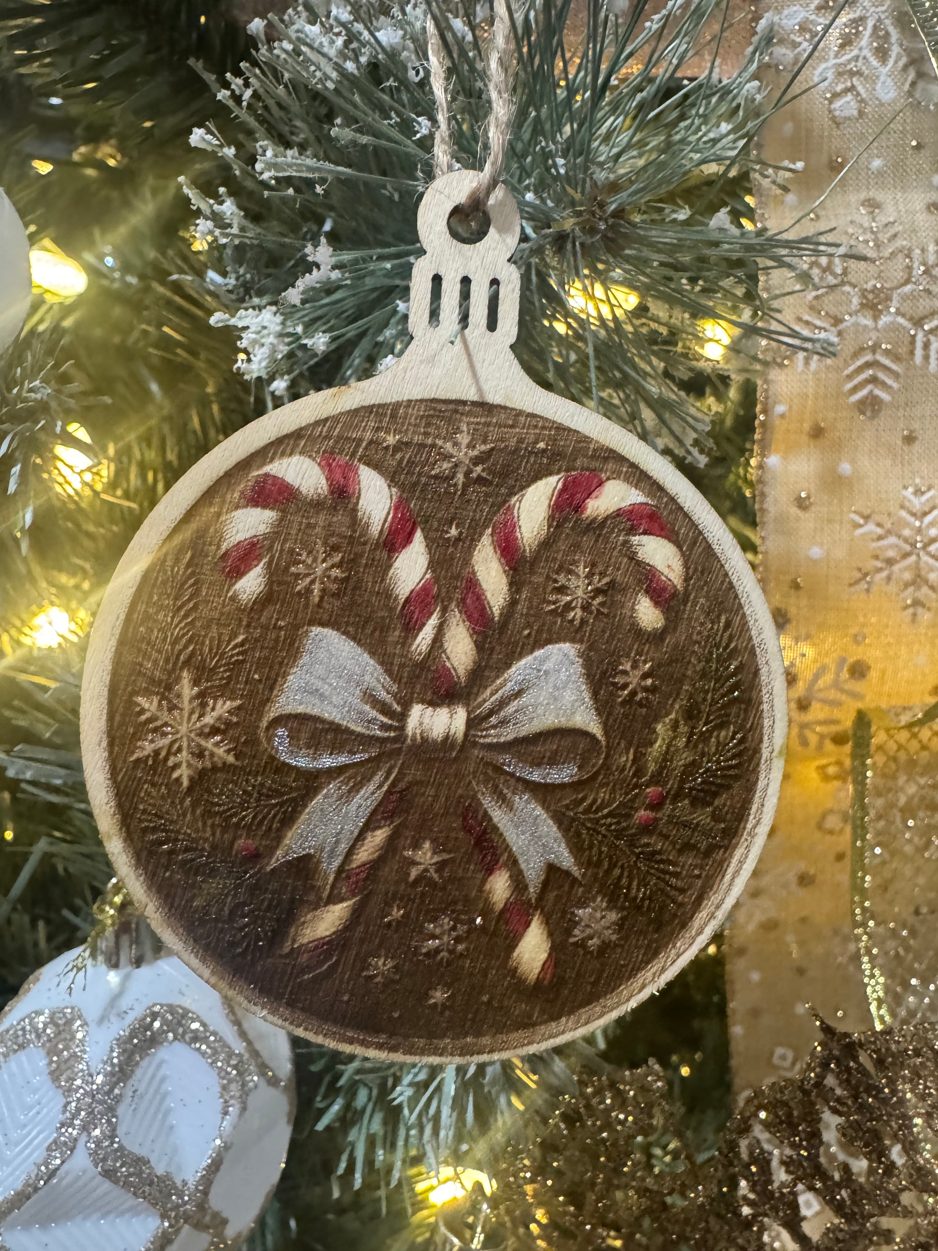 Set of 4 Hand-Tinted Laser Engraved Wooden Ornaments