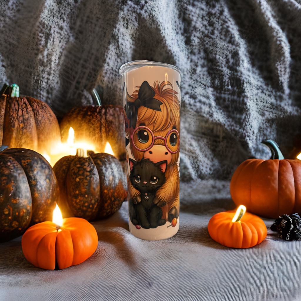 20 oz Skinny Double-Walled Stainless Steel Tumbler – Highland Cow Halloween Theme