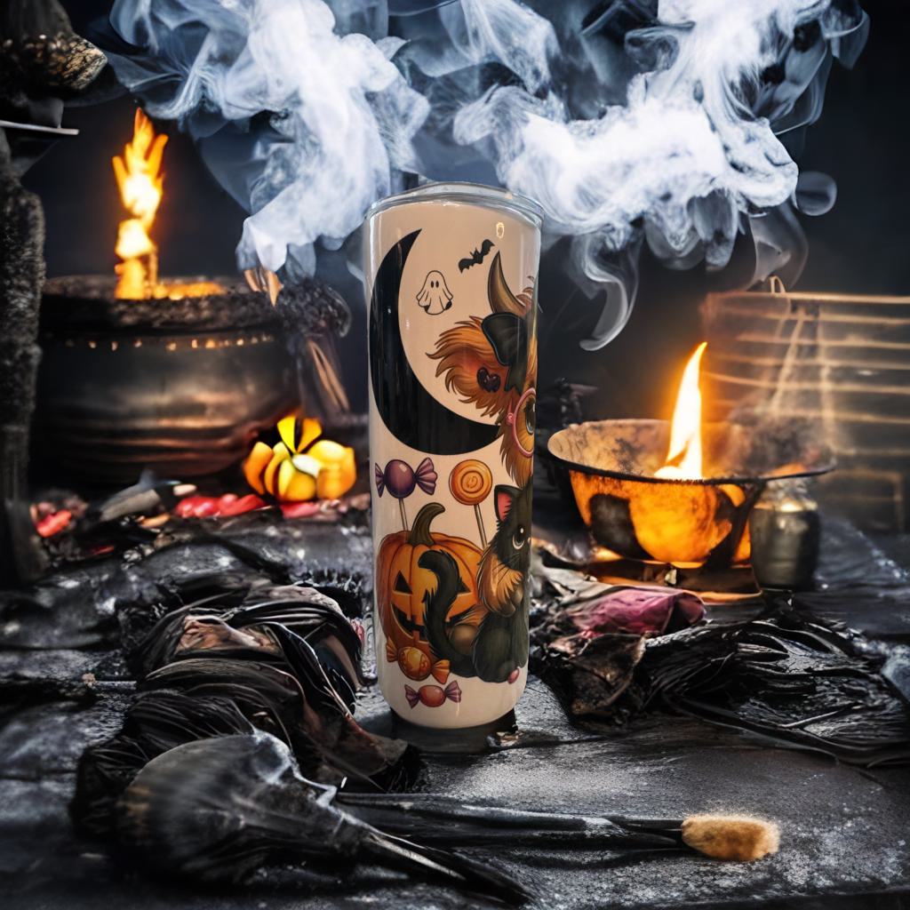 20 oz Skinny Double-Walled Stainless Steel Tumbler – Highland Cow Halloween Theme