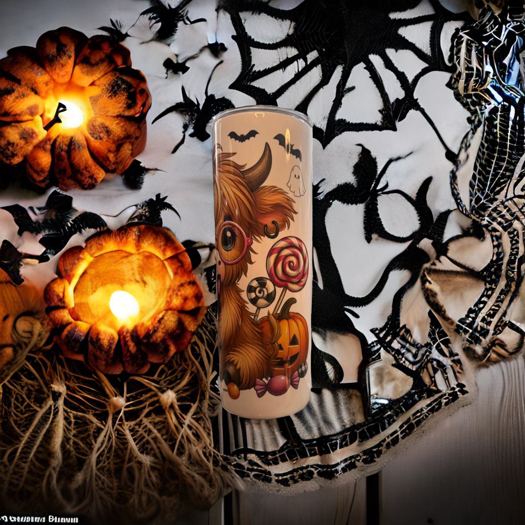 20 oz Skinny Double-Walled Stainless Steel Tumbler – Highland Cow Halloween Theme