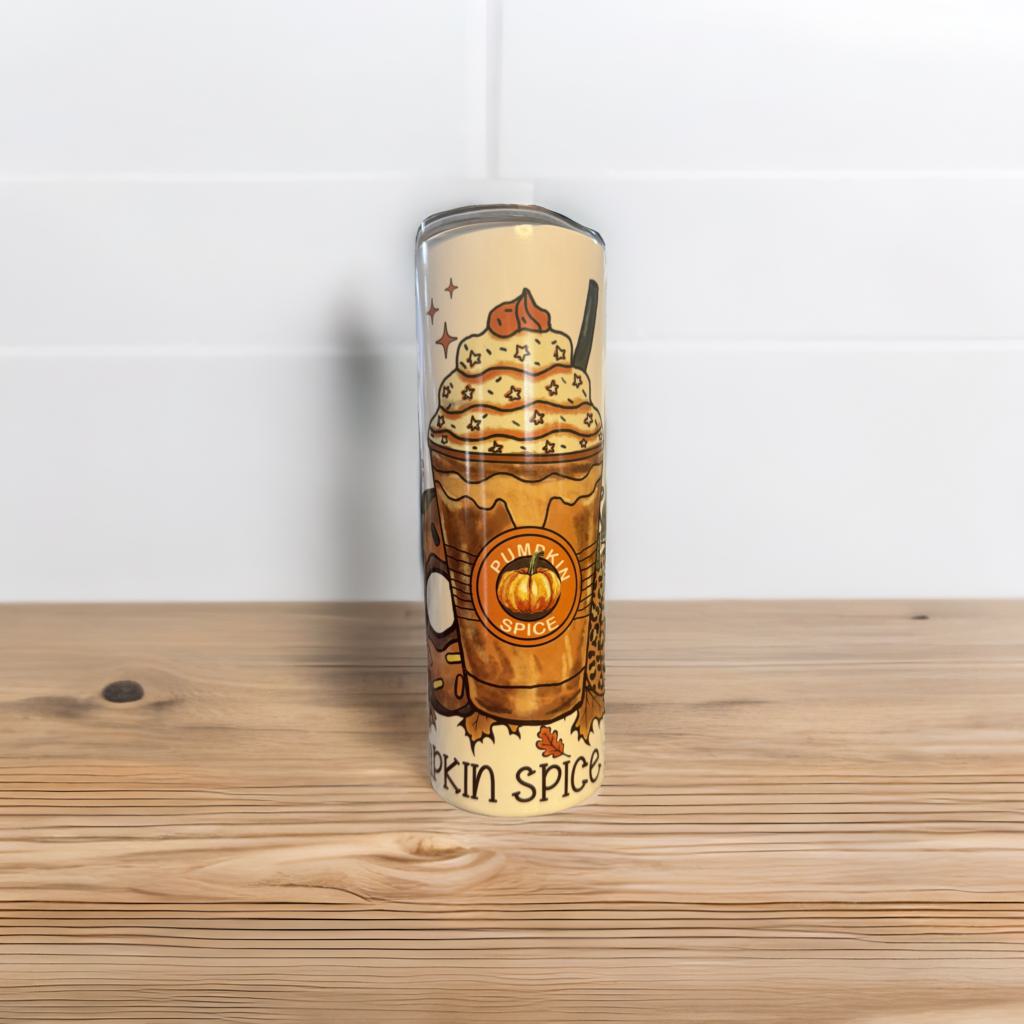 20 oz Skinny Double-Walled Stainless Steel Tumbler – Pumpkin Spice Design